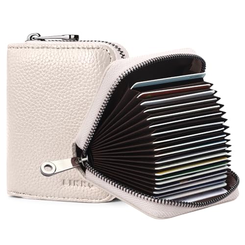 Goopai RFID 20 Kartenfächer Kreditkartenetui Echtes Leder Akkordeon Kartenetui Kleine Geldbörse für Damen oder Herren mit Reißverschluss, beige, S, Klassisch von Goopai