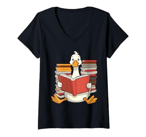 Damen Lustige Gans Lesebücher Humor Buchliebhaber T-Shirt mit V-Ausschnitt von Goose Bookworm Humor