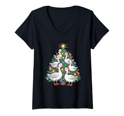 Damen Gans Weihnachtsbaum T-Shirt mit V-Ausschnitt Damen Gans Weihnachtsbaum T-Shirt mit V-Ausschnitt von Goose Christmas Tree PJs