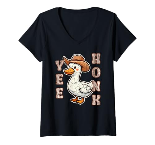 Damen Yee Honk Lustiges Gänsespiel im Cowboy-Western-Stil, niedliches Kawaii Goose T-Shirt mit V-Ausschnitt Damen Yee Honk Lustiges Gänsespiel im Cowboy-Western-Stil, niedliches Kawaii Goose T-Shirt mit V-Ausschnitt von Goose Gifts For Geese Lovers