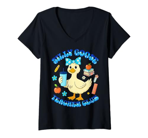 Damen Silly Goose Teacher Club - Lustiges süßes Schulshirt T-Shirt mit V-Ausschnitt Damen Silly Goose Teacher Club - Lustiges süßes Schulshirt T-Shirt mit V-Ausschnitt von Goose Squad Classroom Vibes – Back to School