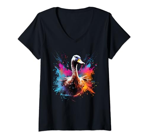 Damen Coole Gans auf bunt bemalter Gans T-Shirt mit V-Ausschnitt Damen Coole Gans auf bunt bemalter Gans T-Shirt mit V-Ausschnitt von Goose lover on Goose kids, women, men apparel