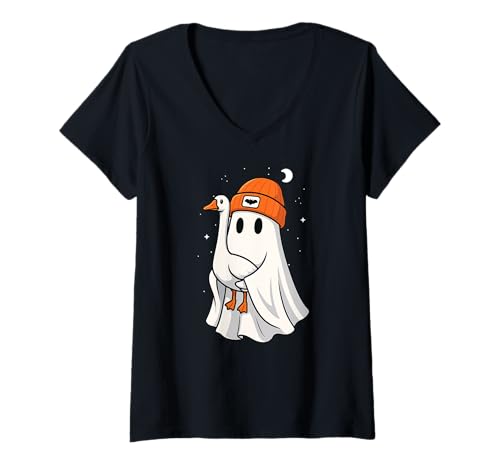 Damen Ghost Goose Halloween Tierliebhaber Beenie Hut Jungen Mädchen T-Shirt mit V-Ausschnitt von GooseAxis1