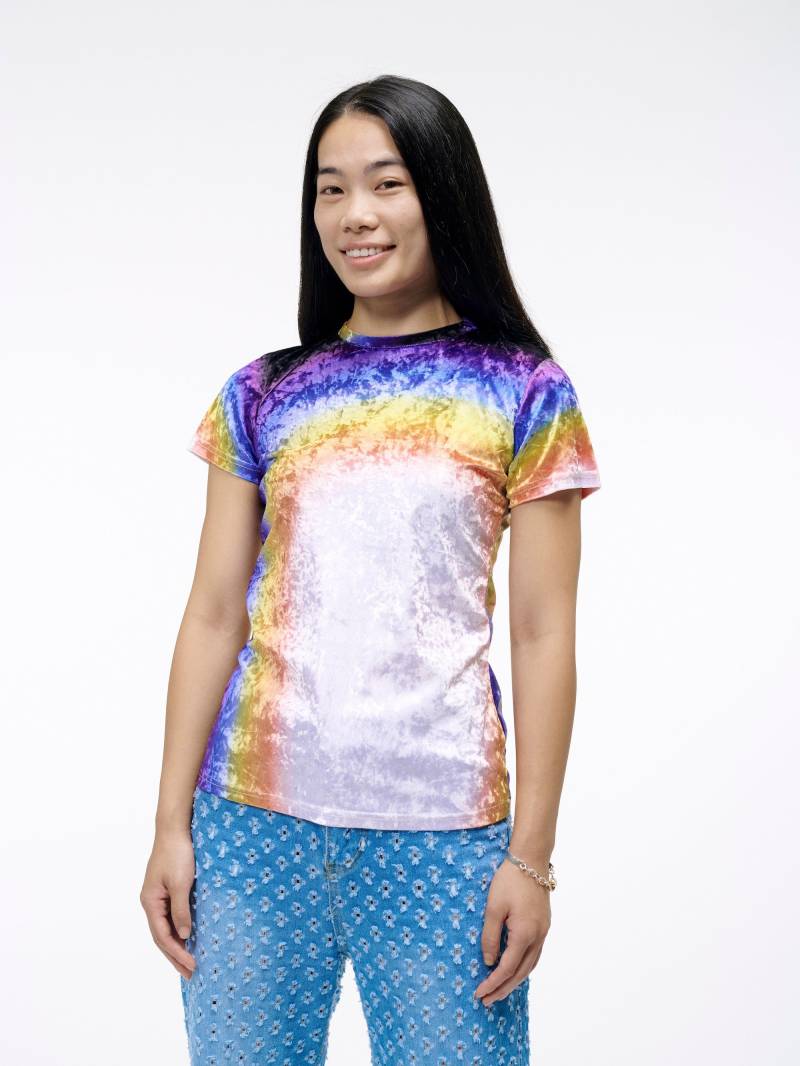 Das Regenbogen Wunderschönes Samt Top | T-Shirt Für Mehr Buntes Morgen Crushed Kurzarm in Print Gans Taffy von GooseTaffy