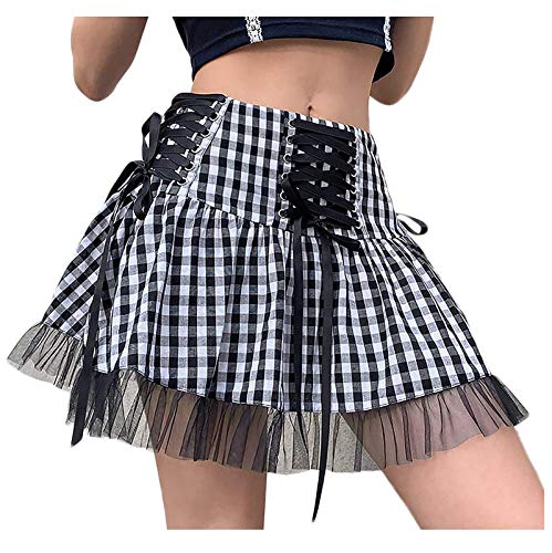 Goosuny Damen Minirock Gothic Plissee Miniröcke Harajuku Goth Punkrock Hohe Taille Kurze A-Linie Flare Rock Kleid Vintage Plaid Skater Streetstyle Freizeitrock für Punk Gothic Mädchen von Goosuny