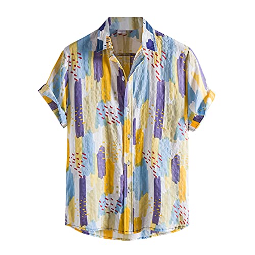 Goosuny Herren Leinenhemd Gestreiftes Oversize Hemd T-Shirt Bunte Freizeithemd Kurzarm Hawaiihemd Hemd Relaxed-fit Henley Shirt Männer Retro Ethnische Sommerhemd von Goosuny
