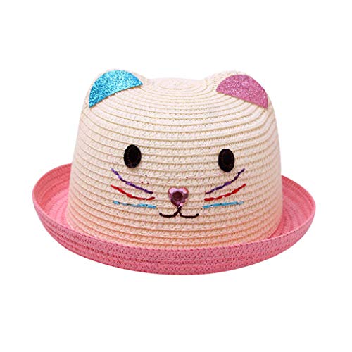 Goosuny Kinder Mädchen Faltbarer Strohhut Sonnenhut Breite Krempe Stroh Sommerhut für Mädchen Kinder Atmungsaktiver Strand mit Cartoon Katze Dekoration für den Urlaub Reise Outdoor-Aktivitäten von Goosuny