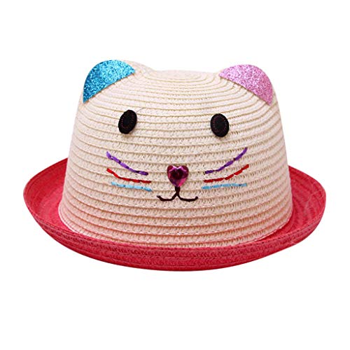 Goosuny Kinder Mädchen Faltbarer Strohhut Sonnenhut Breite Krempe Stroh Sommerhut für Mädchen Kinder Atmungsaktiver Strand mit Cartoon Katze Dekoration für den Urlaub Reise Outdoor-Aktivitäten von Goosuny