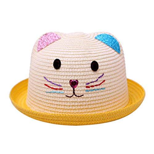 Goosuny Kinder Mädchen Faltbarer Strohhut Sonnenhut Breite Krempe Stroh Sommerhut für Mädchen Kinder Atmungsaktiver Strand mit Cartoon Katze Dekoration für den Urlaub Reise Outdoor-Aktivitäten von Goosuny