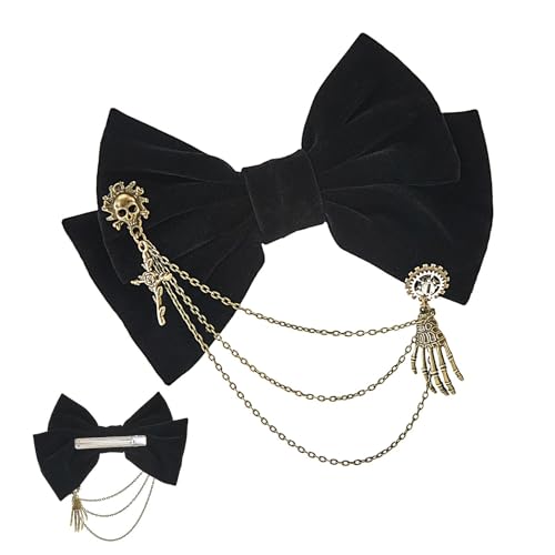 Goowafur Samtschleife Haarspange,Samtschleife Haarnadel,Gothic Haarspange mit Totenkopf und Zahnradkette - Haar-Styling-, leichte, elegante Haarspange für Frauen und Teenager von Goowafur