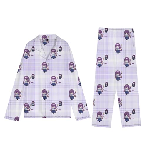 Gooyeh Damen Herren 2 Stück Pyjama Set Anime Frieren: Beyond Journey's End Pyjama Frieren Fern Stark Anime Schlafanzüge Cute Cartoon Pyjamas with Button Hose Loungewear Nightwear von Gooyeh