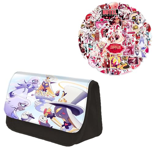 Gooyeh Stifteetui und 56pcs Aufkleber, Anime Hazbin Hotel Federmäppchen, Graffiti-Aufkleber Dekorieren Tassen und Rollkoffer, Anime Charakter Alastor/Angel Dust/Charlie Morningstar Aufkleber von Gooyeh