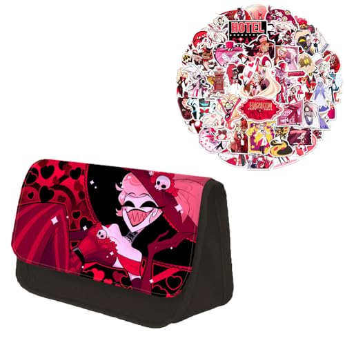 Gooyeh Stifteetui und 56pcs Aufkleber, Anime Hazbin Hotel Federmäppchen, Graffiti-Aufkleber Dekorieren Tassen und Rollkoffer, Anime Charakter Alastor/Angel Dust/Charlie Morningstar Aufkleber von Gooyeh