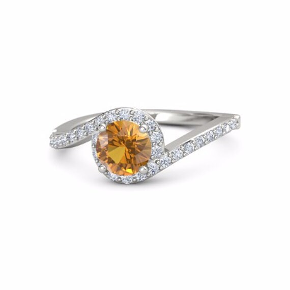 Citrin Diamant Halo Verlobungsring Weißgold 14K Geschwungene Diamant-Band, Band Verlobungsringe, Verlobungsringe Bands Gebogen von GopalsJewelry