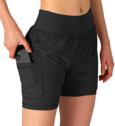 Gopune Damen 2-in-1 Lauf-Shorts Workout Athletic Gym Yoga Shorts für Frauen mit Handy-Taschen, Schwarz, S von Gopune