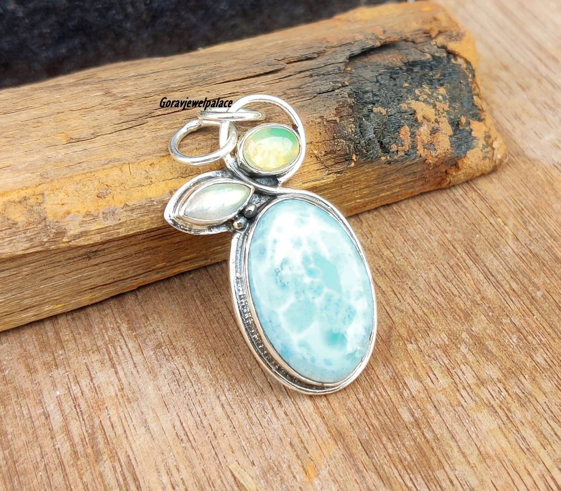 Designer Anhänger, Larimar 925 Sterling Silber Opal Handgemachter Halskette Für Frauen, Drei Stein Anhänger von Goravjewelpalace