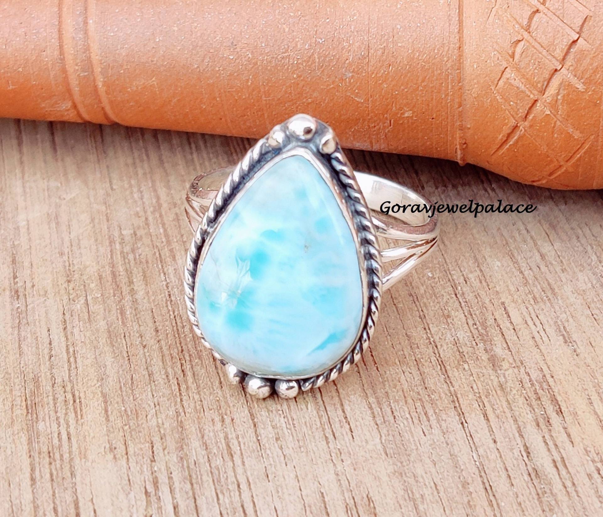 Designer Ring , Larimar 925 Sterling Silber Ring, Handgemachter Edelstein Frauen von Goravjewelpalace