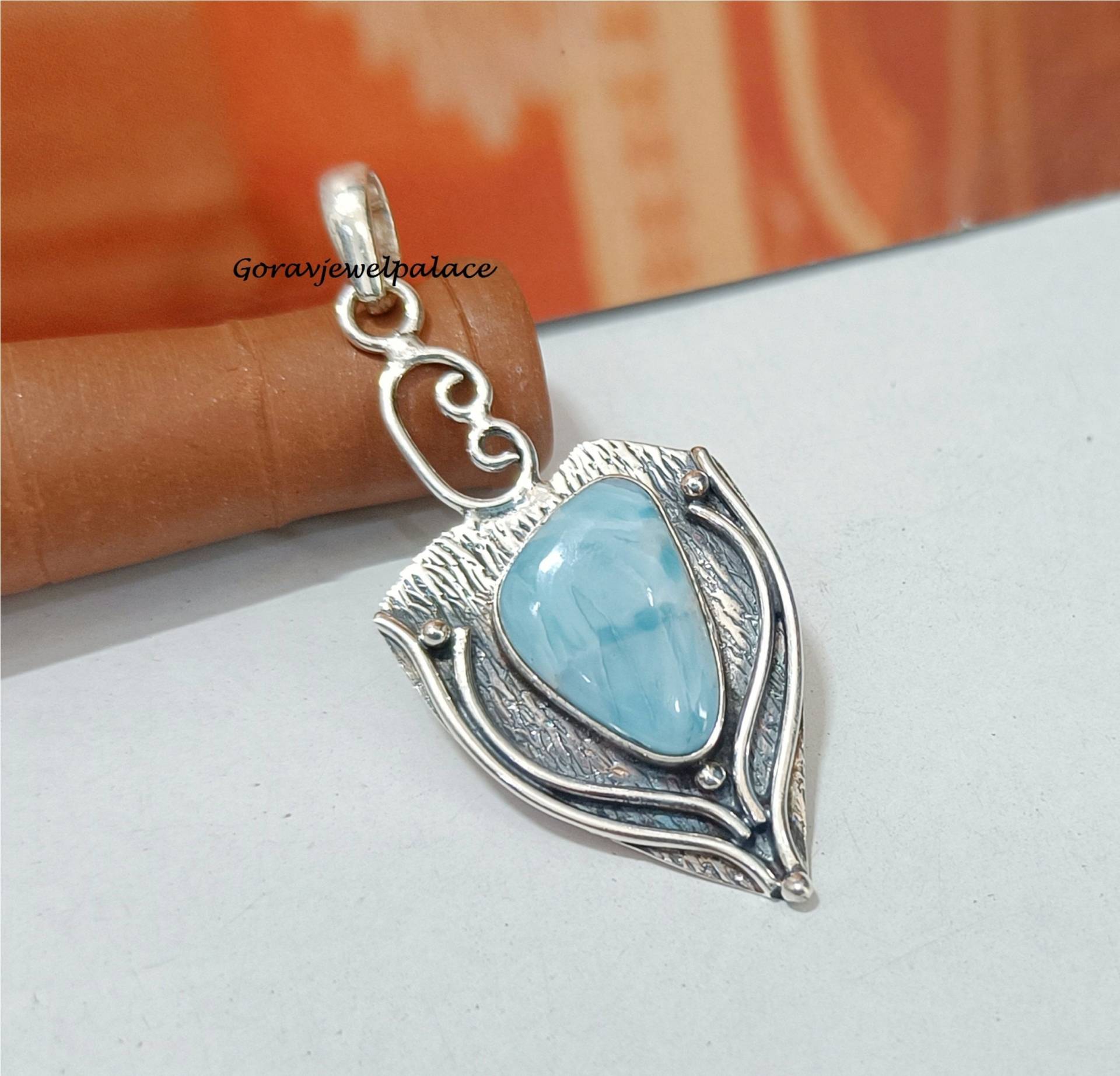 Larimar Anhänger, 925 Sterling Silber Schmuck, Designer Handgemachter Halskette Für Frauen, Jubiläum Schmuck von Goravjewelpalace