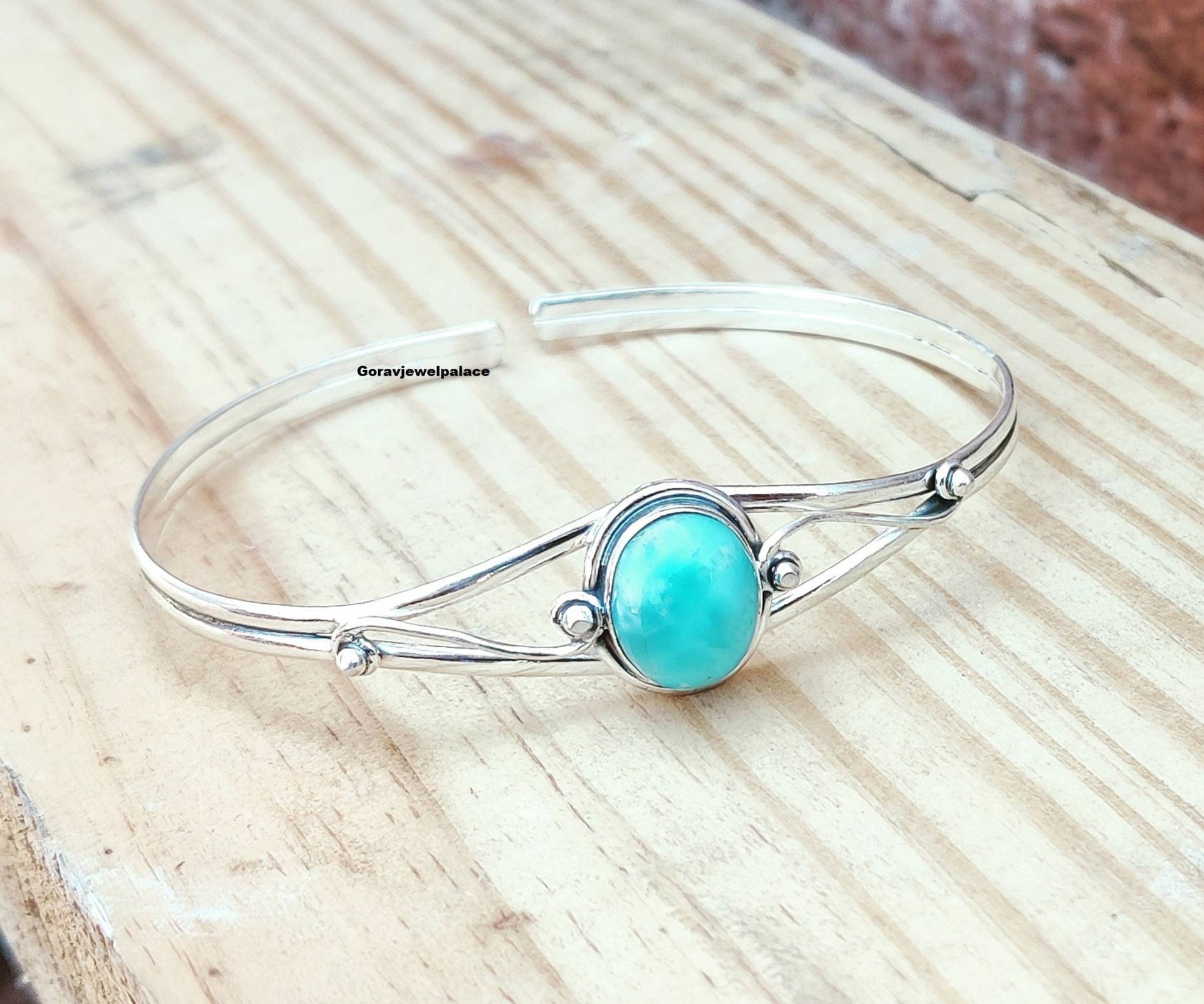 Larimar Armreif, 925 Silber Designer Frauen Und Mädchen Geschenk Wunderschöner Boho Schmuck, Ovaler Stein von Goravjewelpalace