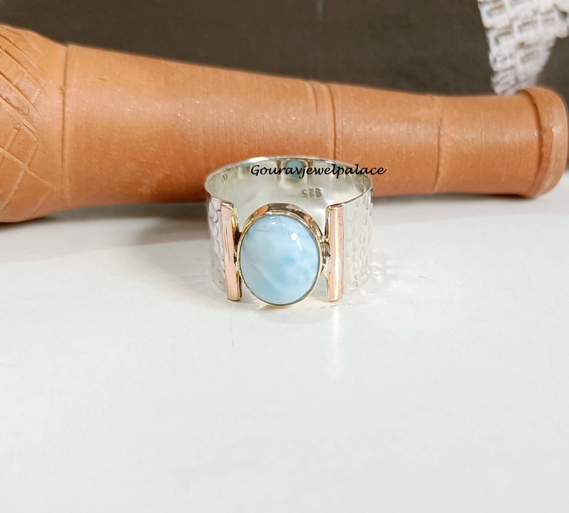 Larimar Ring, Bandring, 925 Sterling Silber Handgemachte Veranstaltungen Frauen Jubiläum Schöne Kupfer Ring von Goravjewelpalace