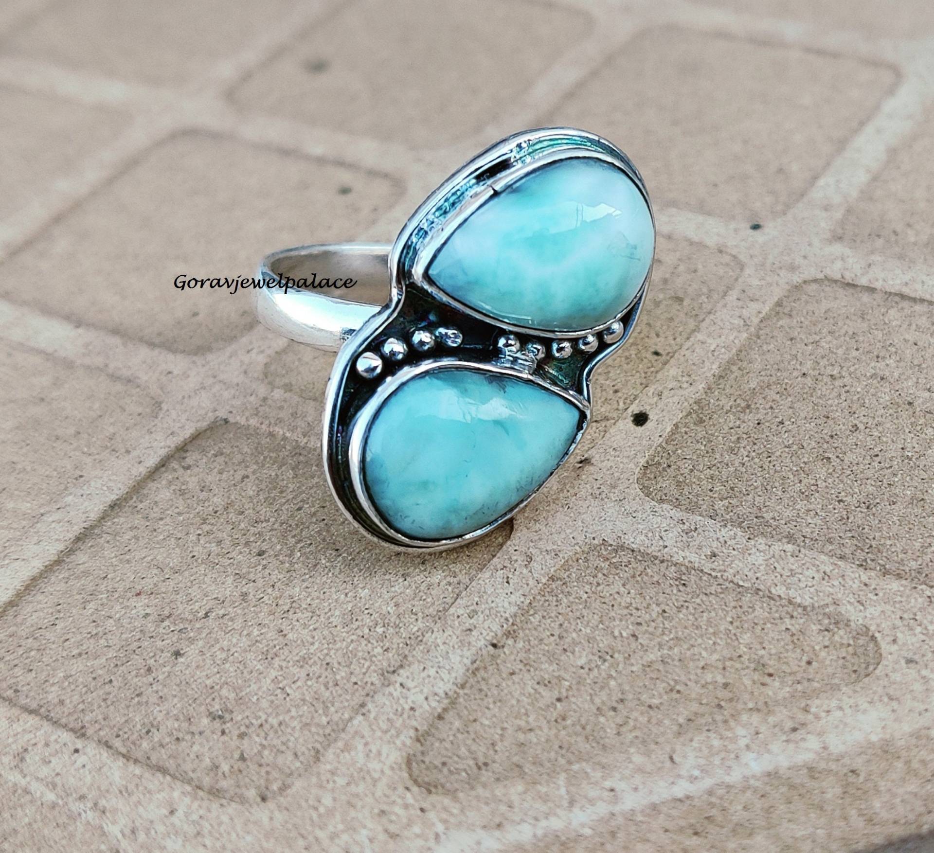 Larimar Ring, Designer 925 Sterling Silber Zwei Stein Handgemachter Veranstaltungen Frauen Boho Schöner Geschenk Ring von Goravjewelpalace