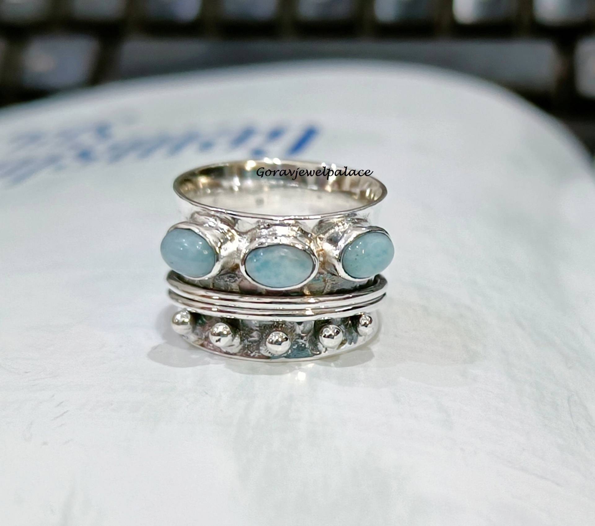 Larimar Ring, Drei Stein Designer 925 Silber Spinner Handgemachter Veranstaltungen Frauen Boho Meditation Ring von Goravjewelpalace