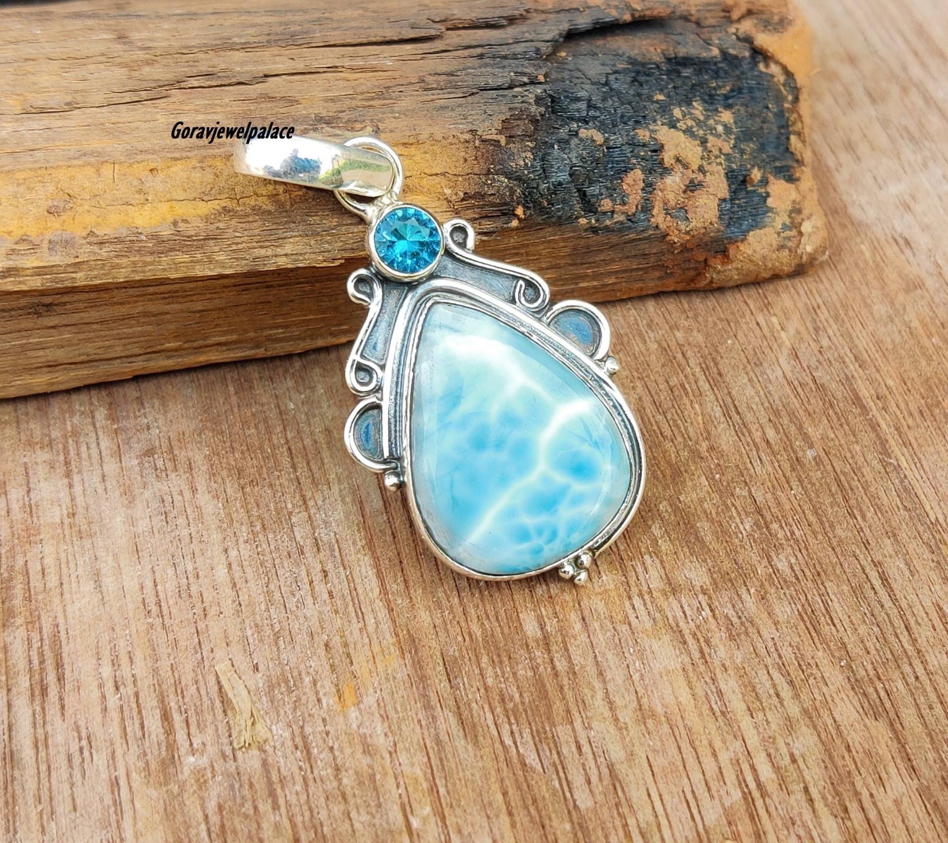 Natürlicher Larimar Anhänger, 925 Sterling Silber Blautopas Designer Handgemachter Geschenk Anhänger, Halskette Für Frauen von Goravjewelpalace