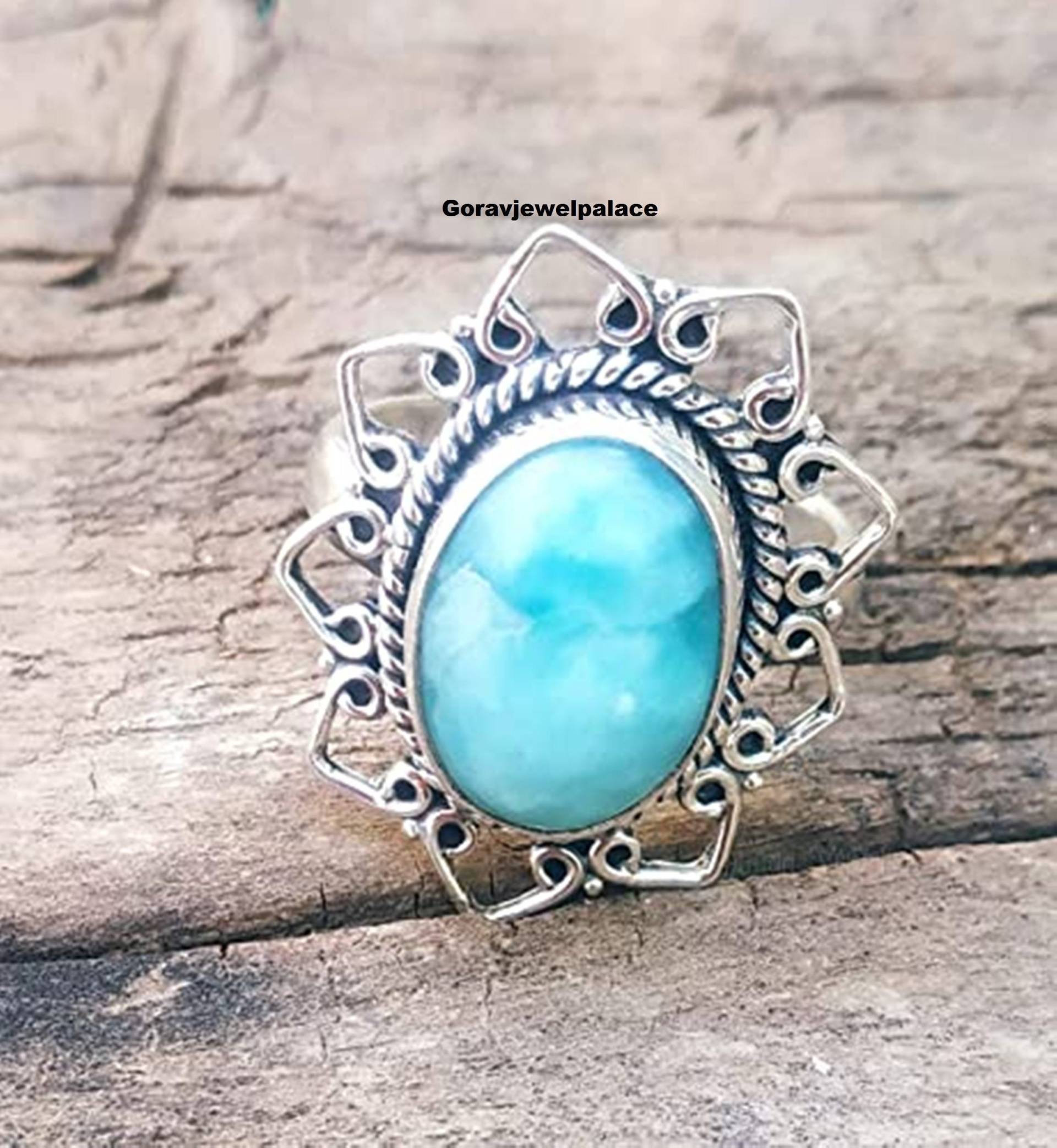 Wunderschöner Larimar-Ring, 925 Sterling Silber Ring, Blumen-Designer-Ring, Handgefertigter Event-Ring, Frauen-Geschenkring, Daumenring, Bandring von Goravjewelpalace