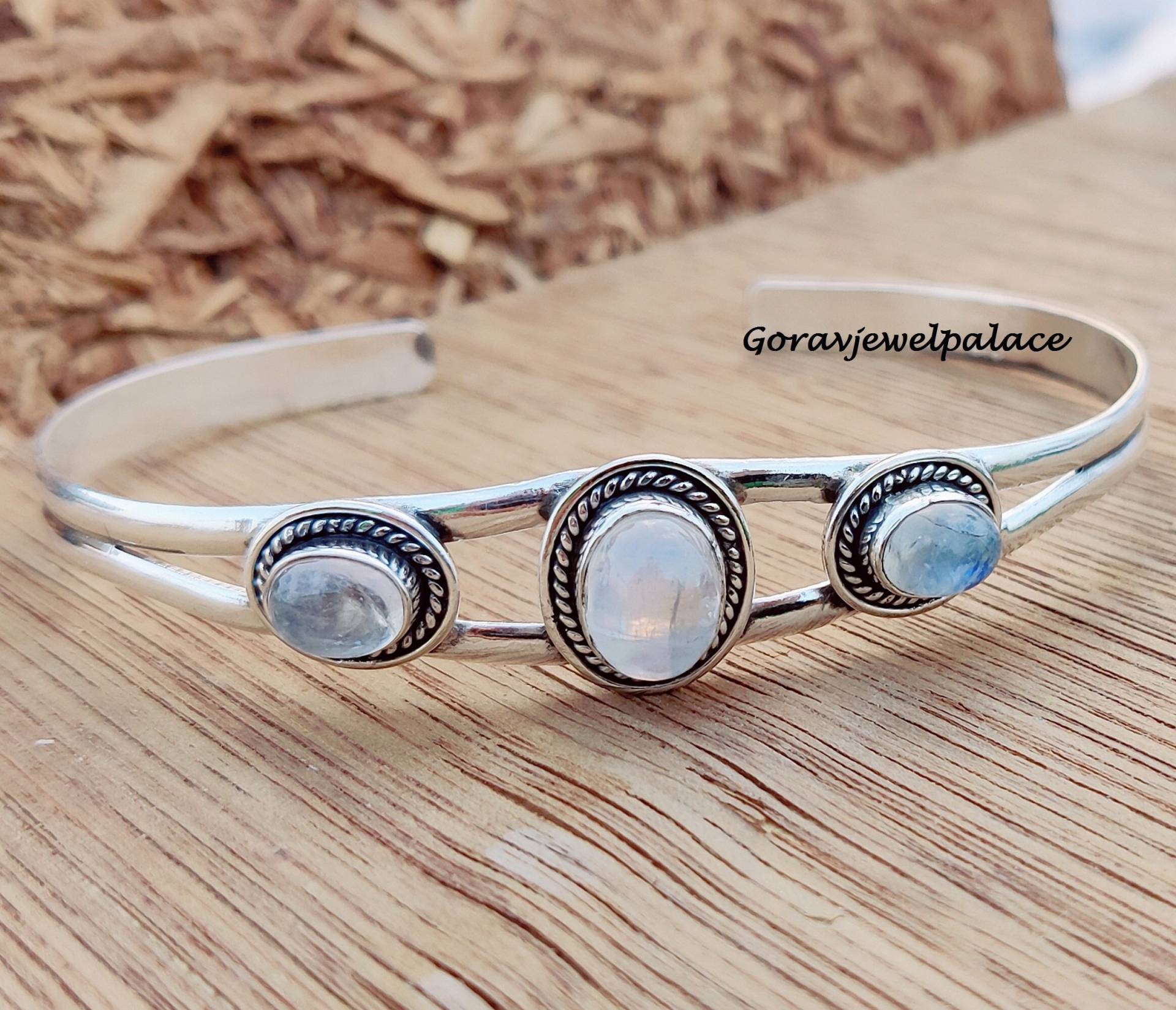 Verstellbarer Armreif, Mondstein 925 Sterling Silber Geschenk Armreif Für Frauen Und Mädchen, Designer Mit Drei Edelsteinen, Boho von Goravjewelpalace