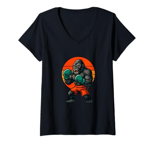 Damen Lustiger Gorilla Boxing Retro Fighter Humor T-Shirt mit V-Ausschnitt Damen Lustiger Gorilla Boxing Retro Fighter Humor T-Shirt mit V-Ausschnitt von Gorilla Boxing Retro Fighter Humor Apparel