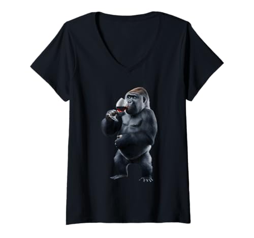 Damen Gorilla Trinkwein, realistisch T-Shirt mit V-Ausschnitt von Gorilla Drinking Wine Glass Wine Design