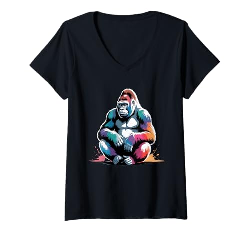 Damen Farbenfrohes Gorilla-Poster Stil Farbspritzer Kunst Grafik T-Shirt mit V-Ausschnitt Damen Farbenfrohes Gorilla-Poster Stil Farbspritzer Kunst Grafik T-Shirt mit V-Ausschnitt von Gorilla Lover Apparel & Arts