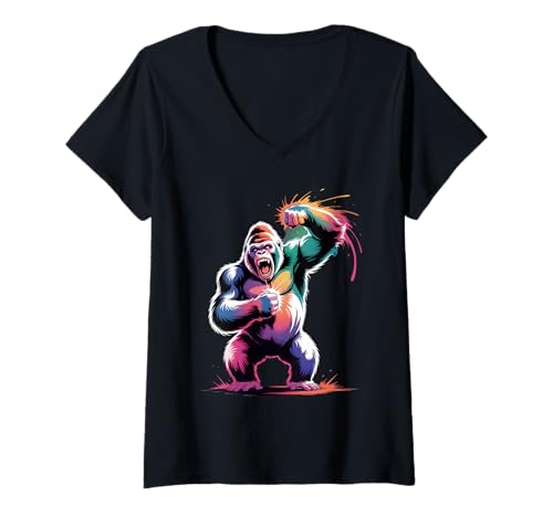 Damen Gorilla-Poster-Stil, Bunte Farbspritzer, Kunstgrafik T-Shirt mit V-Ausschnitt Damen Gorilla-Poster-Stil, Bunte Farbspritzer, Kunstgrafik T-Shirt mit V-Ausschnitt von Gorilla Lover Apparel & Arts