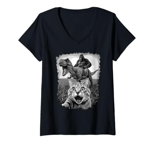 Damen Primal Surprise Cat entfesselt einen verrückten Dino-Riding-Ape T-Shirt mit V-Ausschnitt Damen Primal Surprise Cat entfesselt einen verrückten Dino-Riding-Ape T-Shirt mit V-Ausschnitt von Gorilla T-Rex Ride Unexpected Feline Encounter