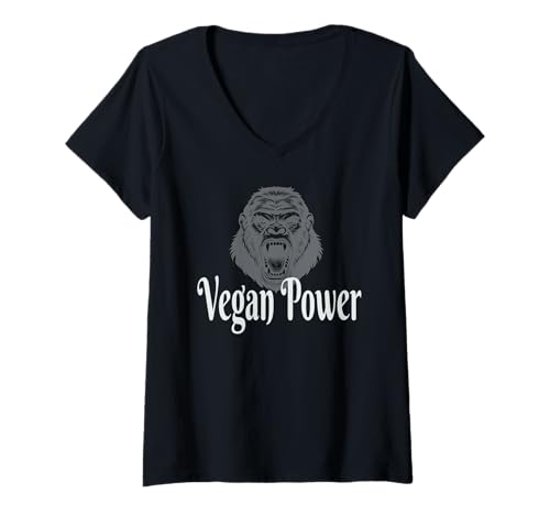 Damen Veganer Powergorilla T-Shirt mit V-Ausschnitt von Gorilla Vegan Design Co.