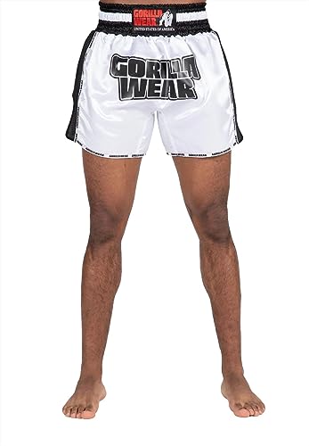 Gorilla Wear - Piru Muay Thai Shorts - Schwarz/Weiß - Bodybuilding und Fitness Bekleidung Herren Jogging Laufen bequem mit Logoaufdruck Boxing, XL von Gorilla Wear