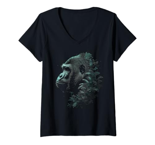 Damen Gorilla Dschungel Pflanzen Affe Affe Tierschutz T-Shirt mit V-Ausschnitt Damen Gorilla Dschungel Pflanzen Affe Affe Tierschutz T-Shirt mit V-Ausschnitt von Gorilla - Wildlife Preservation Co.