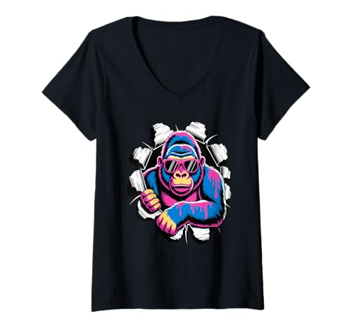 Damen Gerissener Papiereffekt Gorilla Sonnenbrille Gorillas T-Shirt mit V-Ausschnitt Damen Gerissener Papiereffekt Gorilla Sonnenbrille Gorillas T-Shirt mit V-Ausschnitt von Gorillas Gorilla Lover Gifts