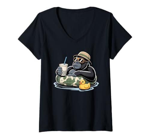 Damen Gorilla Boba Perlen Milchtee Gorillas T-Shirt mit V-Ausschnitt von Gorillas Gorilla Lover Gifts