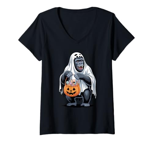 Damen Halloween Gorilla Geist Kürbis Süßes Oder Saures Süßigkeiten T-Shirt mit V-Ausschnitt von Gorillas Gorilla Lover Gifts