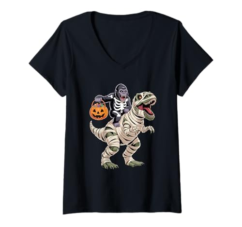 Damen Halloween T-Rex Dinosaurier Gorilla Mumie Tyrannosaurus Rex T-Shirt mit V-Ausschnitt von Gorillas Gorilla Lover Gifts