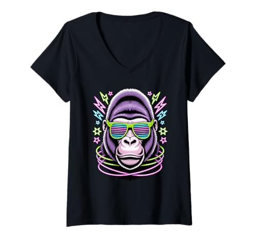 Damen Party Gorilla Sonnenbrille Gorillas T-Shirt mit V-Ausschnitt von Gorillas Gorilla Lover Gifts