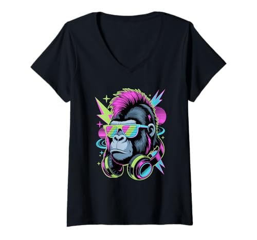 Damen Punk Ära Stil Gorilla Sonnenbrille Silberrücken Gorillas T-Shirt mit V-Ausschnitt Damen Punk Ära Stil Gorilla Sonnenbrille Silberrücken Gorillas T-Shirt mit V-Ausschnitt von Gorillas Gorilla Lover Gifts