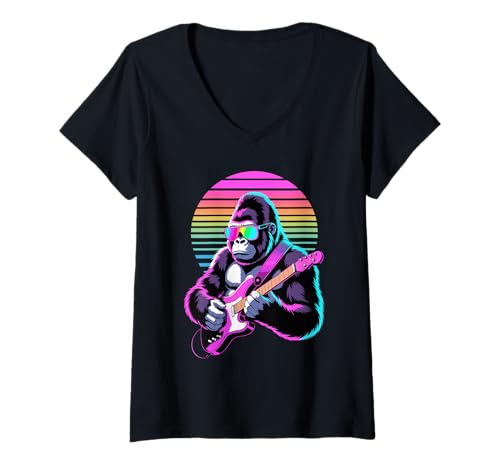 Damen Retro Gorilla Gitarrist Gorillas Gitarre T-Shirt mit V-Ausschnitt von Gorillas Gorilla Lover Gifts