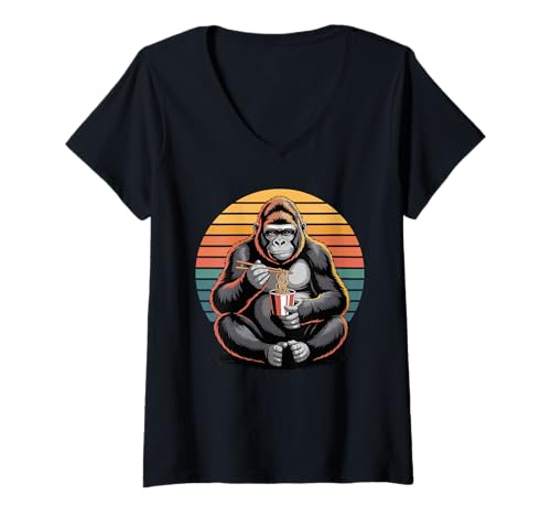 Damen Retro Gorilla Instant Becher Nudeln Gorillas T-Shirt mit V-Ausschnitt Damen Retro Gorilla Instant Becher Nudeln Gorillas T-Shirt mit V-Ausschnitt von Gorillas Gorilla Lover Gifts
