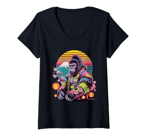 Damen Retro Gorilla Samurai Gorillas T-Shirt mit V-Ausschnitt Damen Retro Gorilla Samurai Gorillas T-Shirt mit V-Ausschnitt von Gorillas Gorilla Lover Gifts