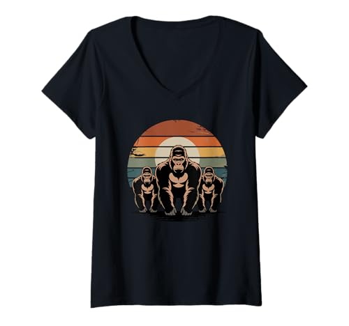 Damen Retro Sonnenuntergang Gorilla Silhouette Gorillas T-Shirt mit V-Ausschnitt Damen Retro Sonnenuntergang Gorilla Silhouette Gorillas T-Shirt mit V-Ausschnitt von Gorillas Gorilla Lover Gifts