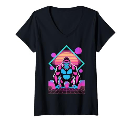 Damen Retro Synthwave Gorilla Gorillas T-Shirt mit V-Ausschnitt von Gorillas Gorilla Lover Gifts