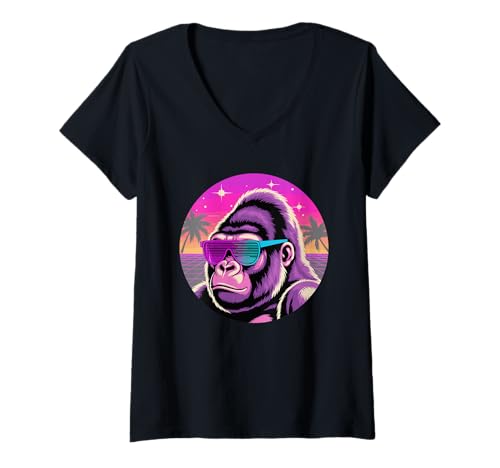 Damen Retro Synthwave Gorilla Sonnenbrille Silberrücken Gorillas T-Shirt mit V-Ausschnitt von Gorillas Gorilla Lover Gifts