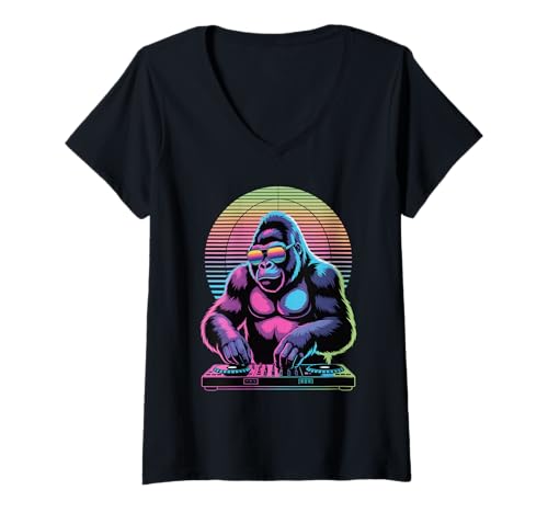 Damen Synthwave Gorilla DJ Sonnenbrille Gorillas T-Shirt mit V-Ausschnitt von Gorillas Gorilla Lover Gifts